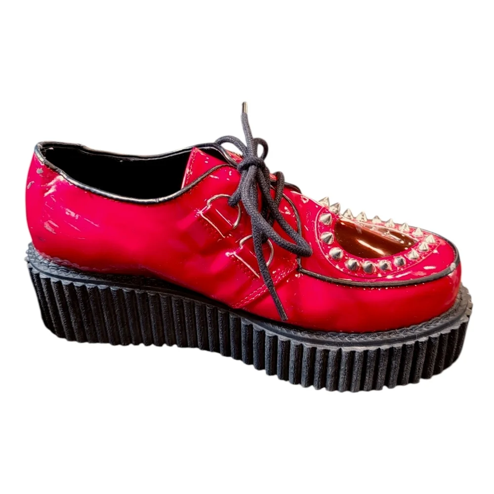Demonia 108 Red Faux Leather Sheer Heart Studded Lace Up Creepers Women's Size 8